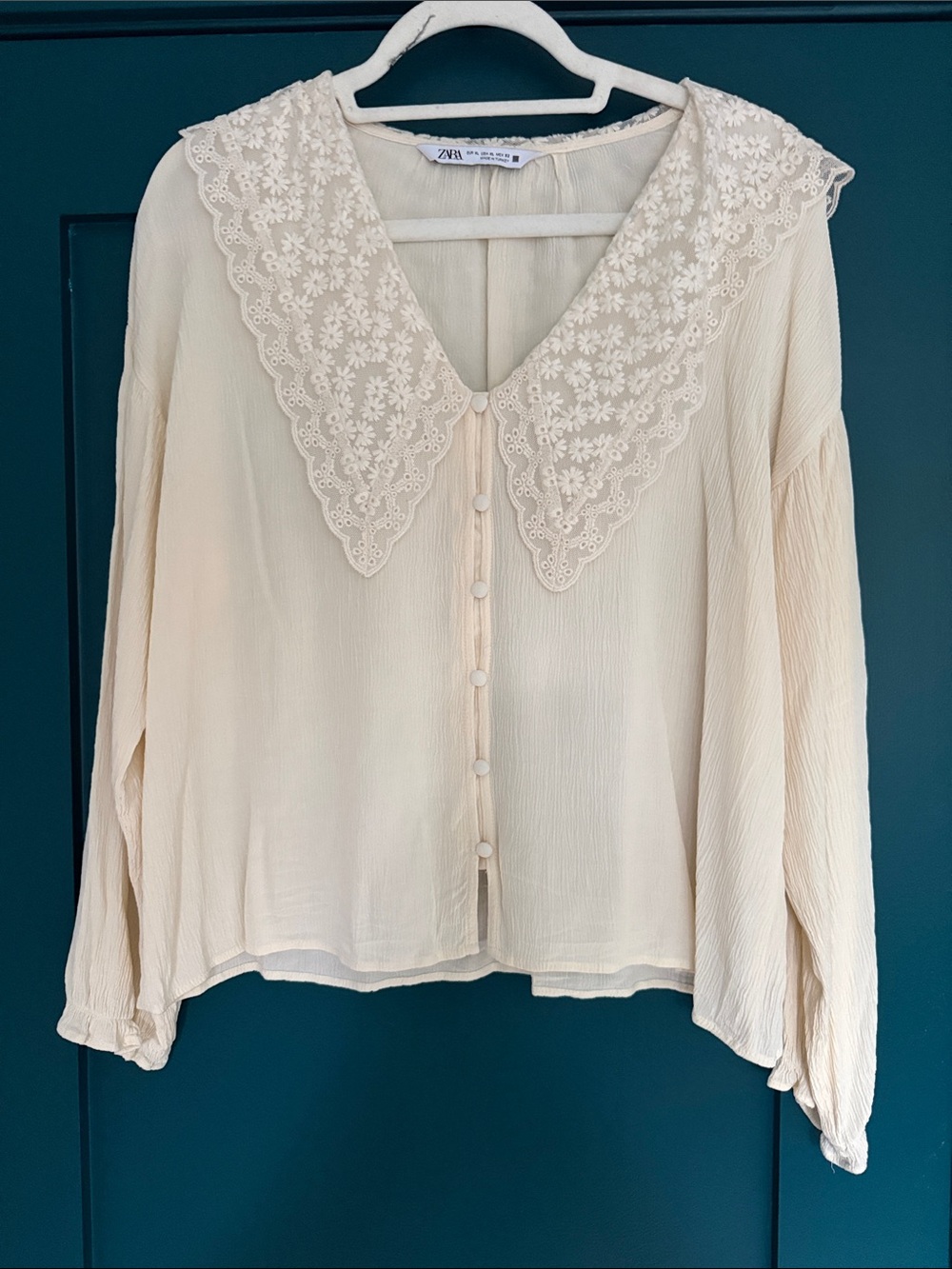 Zara Cream Embroidered Lace-Collar Button Blouse